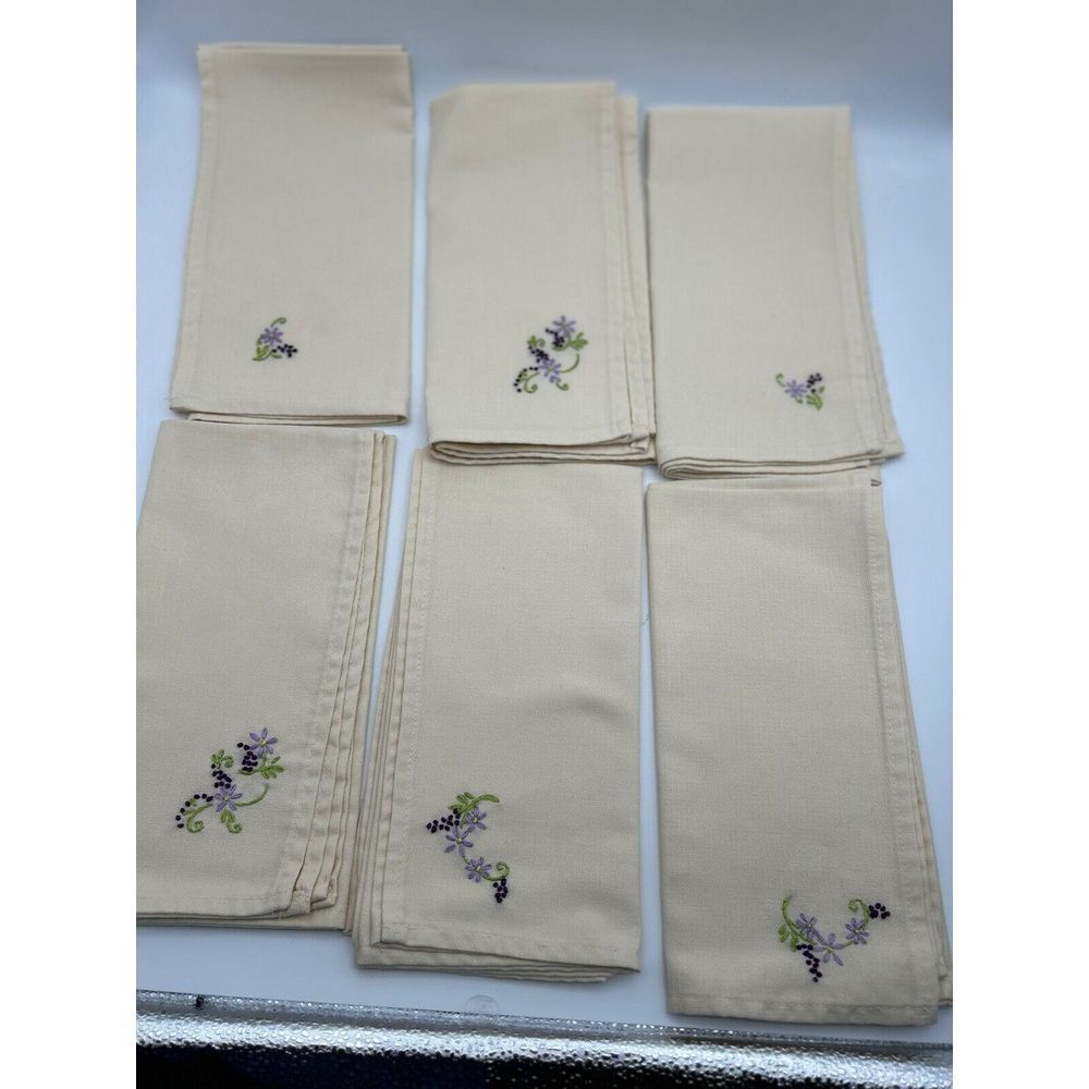 6‎ Hand Embroidery Table Napkins  Flowers Purple With Green Leaves